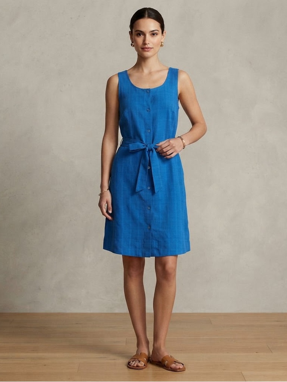 TOMMY HILFIGER Button Down Sleeveless Cotton Sporty Dress with Tie Waistband